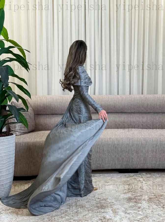 فساتين سهرة سعودية مخصصة برقبة دائرية وأكمام طويلة وفتحة جانبية بطول الأرض فستان حفلات مستقيم فستان طويل للحفلات الإسلامية