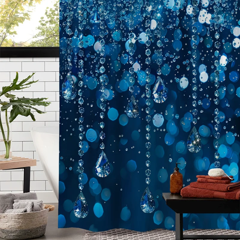 One Waterproof Shower Curtain with Blue Background Raindrop Print and 12 Hooks Included