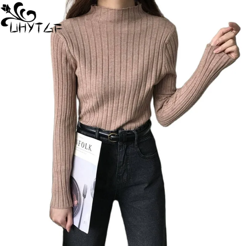 

UHYTGF Knitted Pullover Sweater Women Long Sleeve Bottom Shirt Elastic Half Turtleneck Winter Sweater Female Knitwear Ladies 405