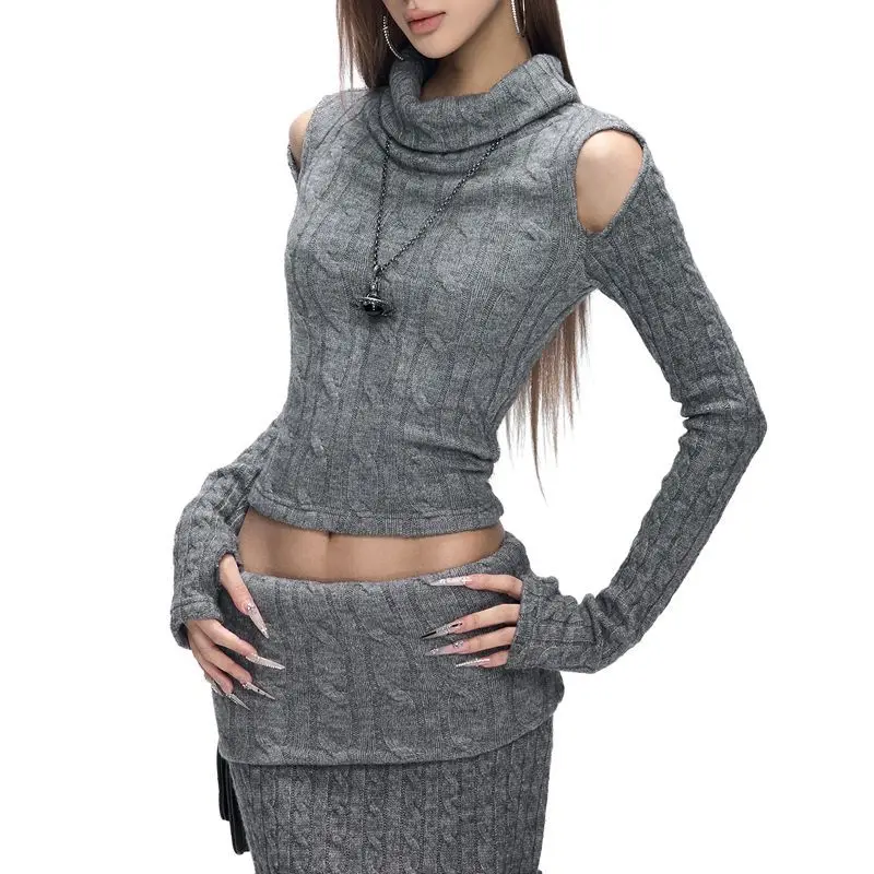 

Autumn and Winter New Suits: Gray Twist Sweater, Women's Soft Waxy Off-the-shoulder Top, Knitted Long Skirt, Two-piece Set
