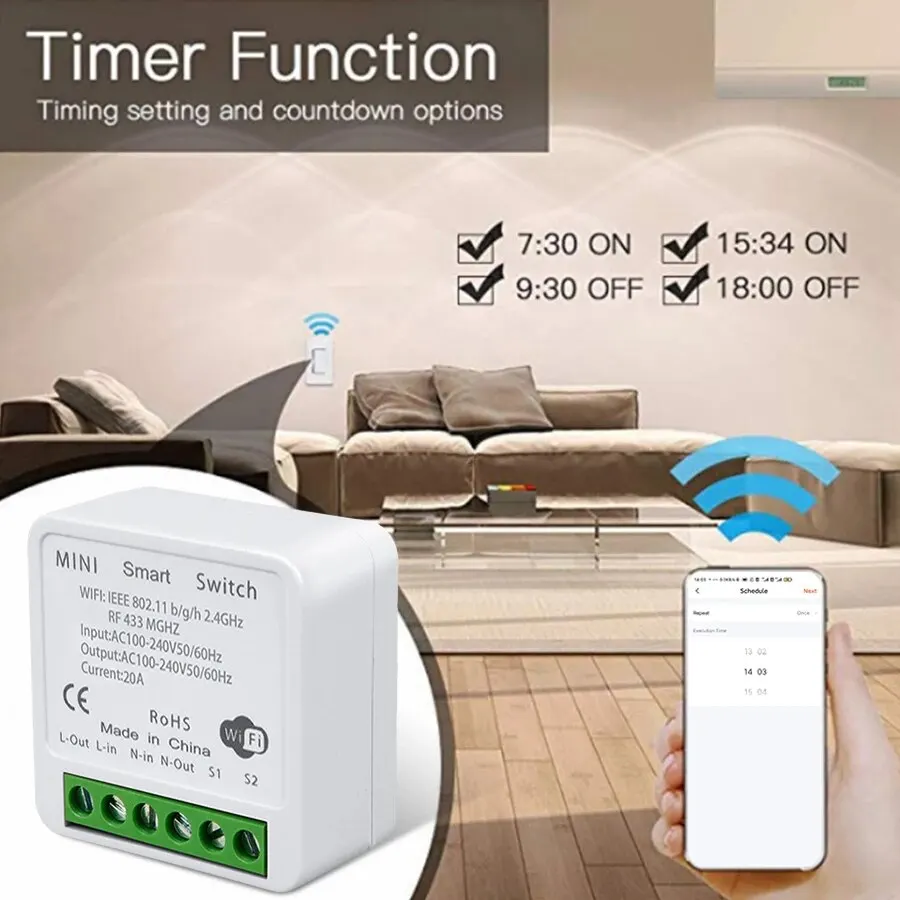 Mini commutateur Wifi intelligent Tuya 16A/20A, Module de bricolage, contrôle bidirectionnel, commutateur sans fil 433MHz, application Smart Life, fonctionne avec Alexa Google Home