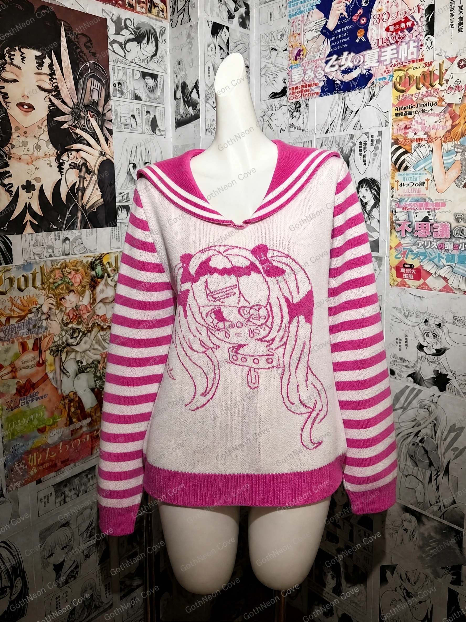 Spring Autumn Japanese Subculture Loose Sweater Women Striped Cartoon Sailor Collar Sweater Sweet Y2K Pullover Knit Sweatshirt