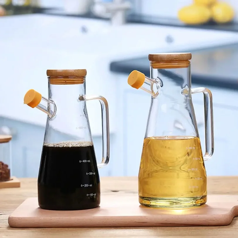 

900/1000ML Transparent Oil Bottle with lid Handle Scale Heat-resistant Glass Oil Pot y Vinegar Tank Oil Dispenser Kitchen Tools