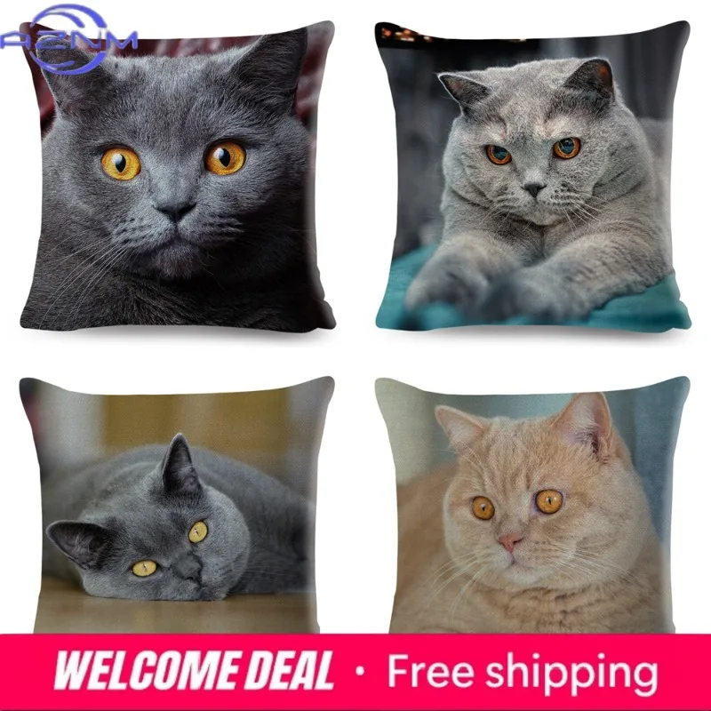 British Shorthair Russian Blue Cushion Cover Decor Cute Cat Pet Animal Pillowcase Polyester Pillow Case for Sofa Home Car