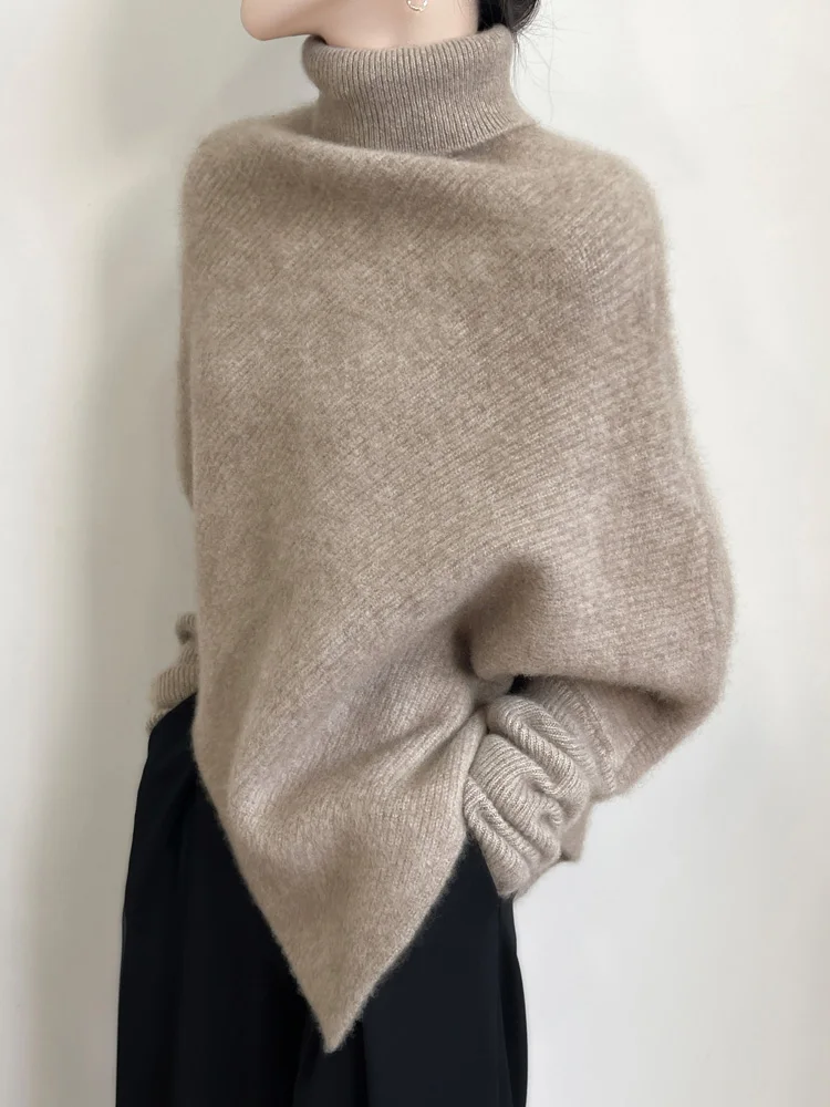 

Свитер нестандартной формы с высоким лацканом и воротником, осень/зима, 100% чистая шерсть, рукав «летучая мышь», корейская версия, пуловер, новые высококачественные мягкие вязаные топы