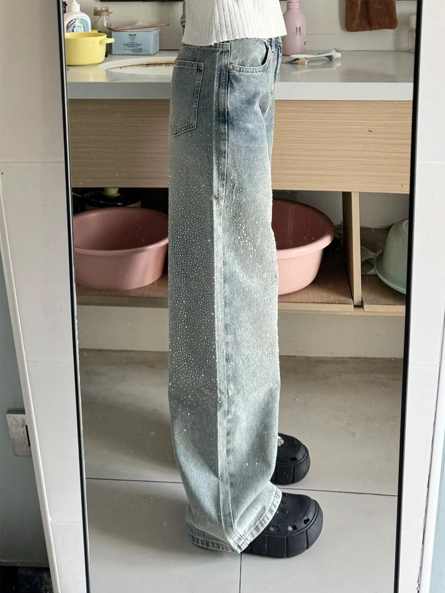 iny Star American Waed Blue Jeans dames wijde pijpen hoge taille casual Sle glinsterende pailletten winter nieuwe losse fit jeans