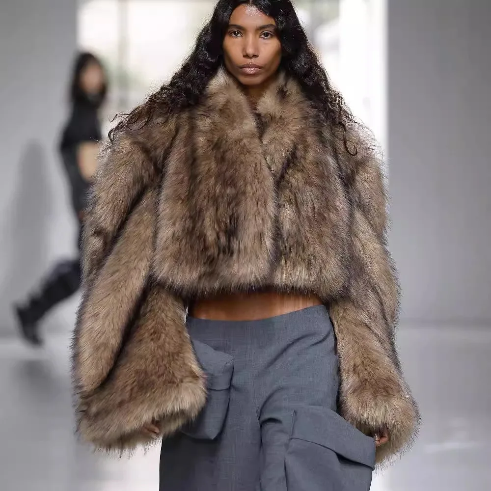 Trendy Women High Collar Faux Fur Cropped Coat Wide Flare Long Sleeve Loose Street Style Cold Weather Outerwear