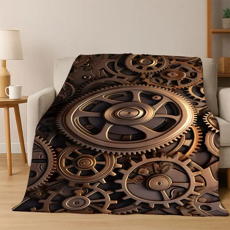 Retro Metal Mechanical Wheel Gear Flannel Blanket Soft Warm Blanket Throw Blanket for Bedroom Living Room Bed Travel Picnic Gift