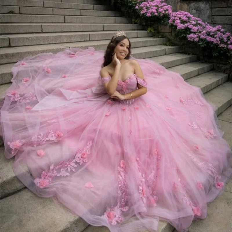 

pink Quinceanera Dress Lace decal Tull layering 3D flower ruffle Bow vestidos de 15 Quinceanera ﻿Customized