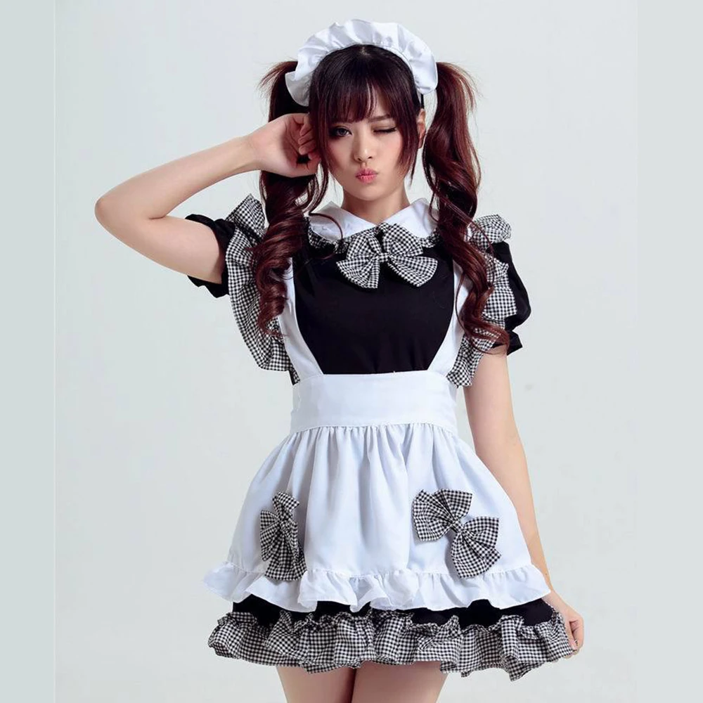 Black And White Plaid Maid Outfit For Girl Women Gothic Sweet Lolita Apron Dress Cosplay Costume Halloween Carnival Maid Dress