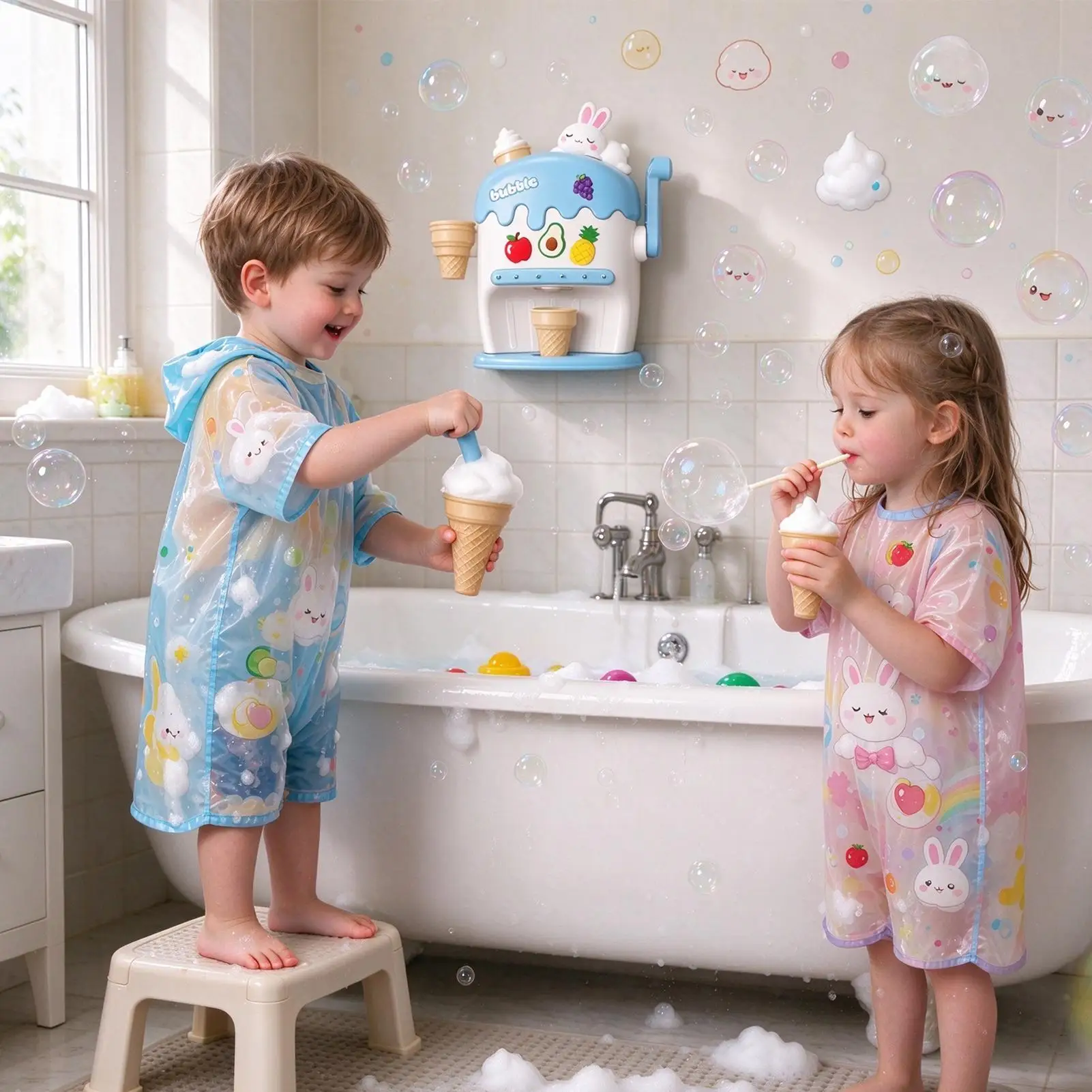 Ice Cream Bath Machine Wall Mounted Hand Cranked Interactive Bath Time Bubble Maker Toy For Kids Age 3 Year Old Girls Boys