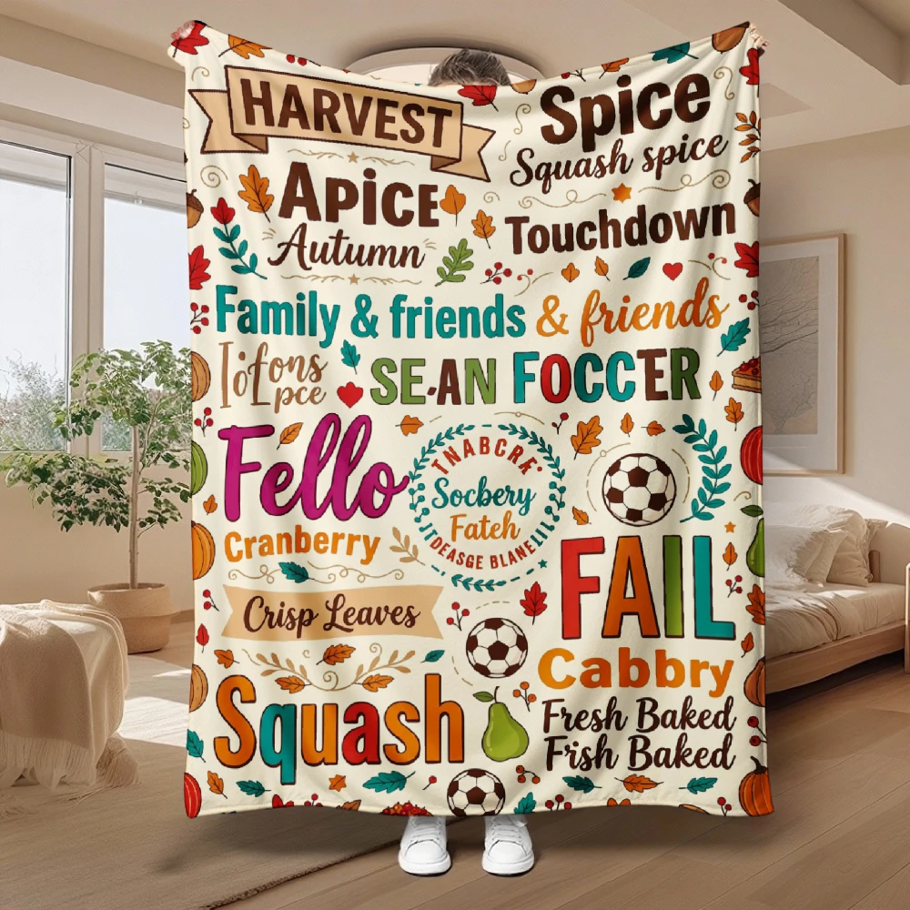 1pc Autumn Harvest Squash Cranberry Leaves Print Flannel Blanket Soft Warm Bed Cover for Fall Winter Living Room Bedroom Sofa Halloween Thanksgiving Christmas Gift