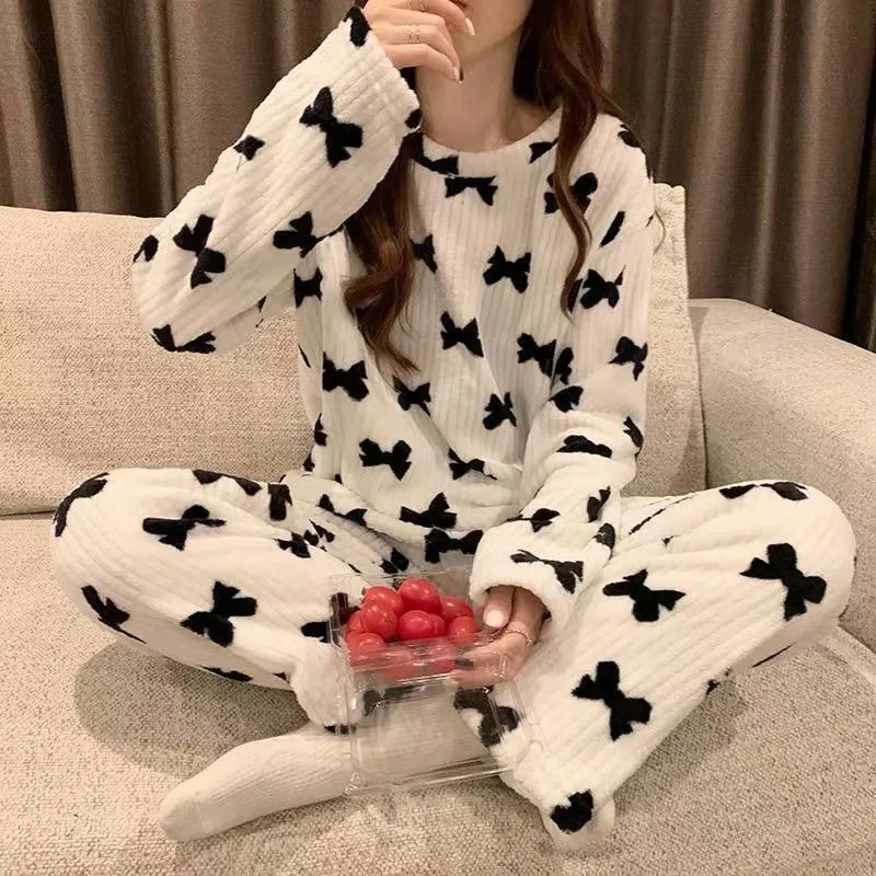 Women's Clothes Winter Flannel Pajamas Bow Set Small Fragrant Wind Padded Thickened Warm Homewear Ladies Sleepwear Loungewear