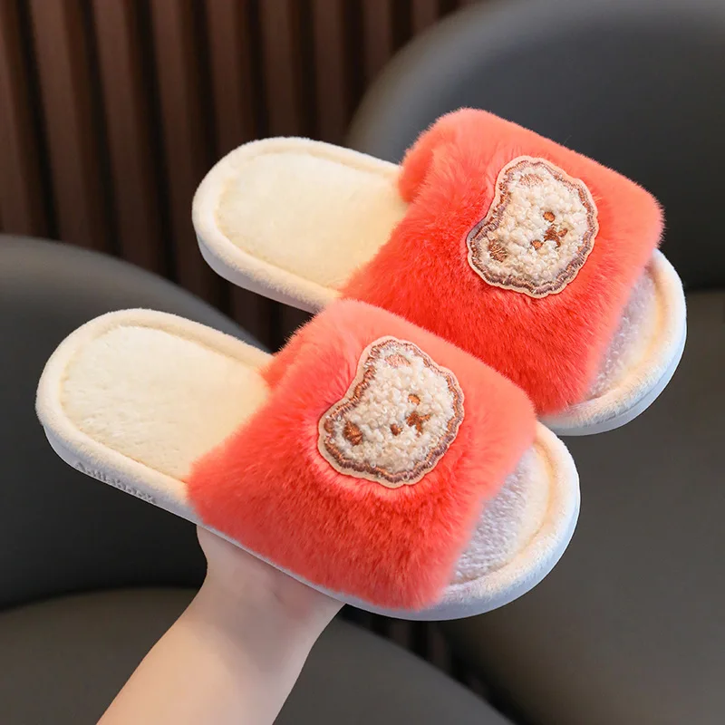 Girl\'s Cartoon Slippers Furry Open Toe Solid Color Home Outdoor Children Sliders Winter Fashion Anti-slip All-match Kids Shoes