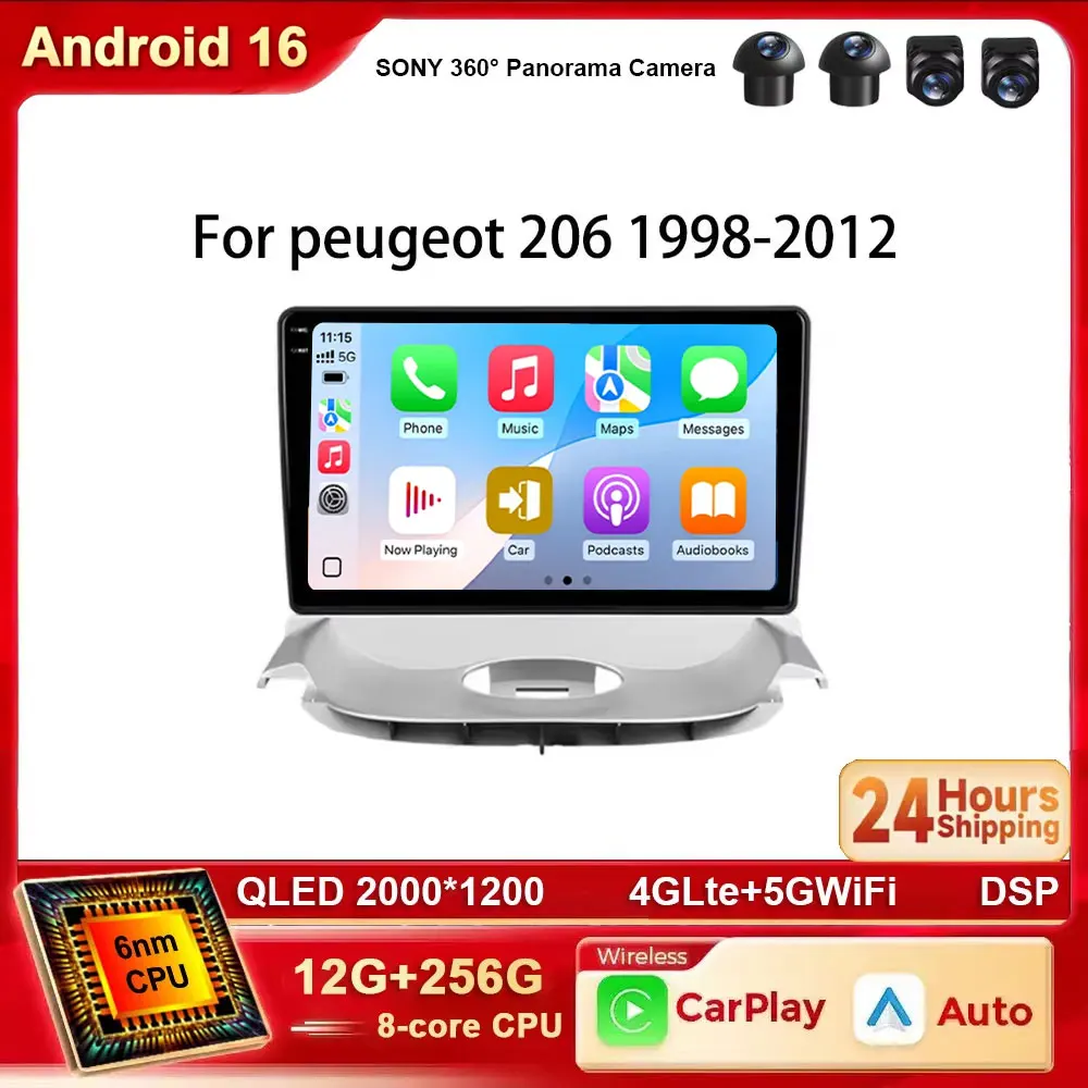 Android 16 Autoradio Carplay Auto-Player für Peugeot 206 1998 1999 2000 - 2012 GPS Multimedia-Headunit Stereo Video 4G WIFI BT