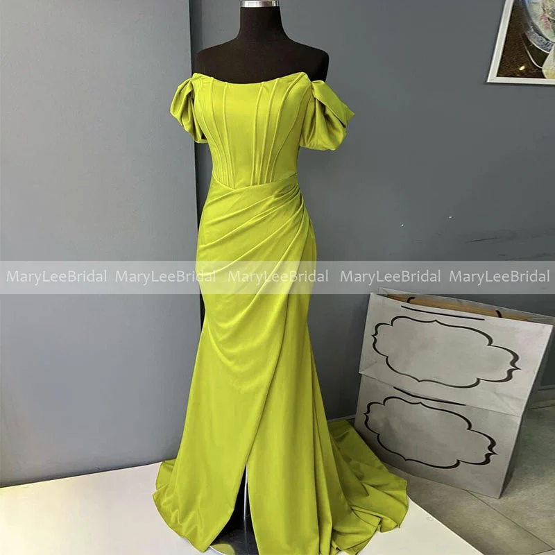 Lemon Green Ruched Evening Dresses Off the Shoulder Exposed Boning Corset Mermaid Prom Gowns Draped Bodycon Celebrity Dress