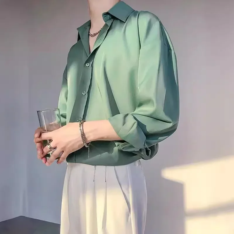 Elegant Vintage Draped Green White Shirt Men Women's Long Sleeve Casual Inselegantvintagedraped No Ironing Required