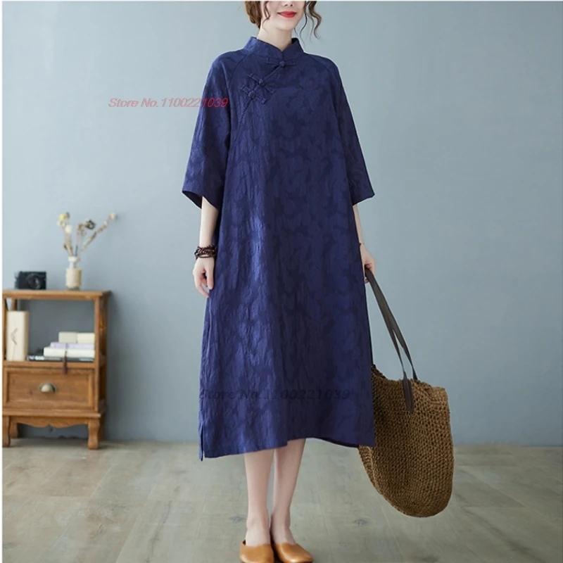 

2025 traditional vintage qipao robe national cotton linen folk dress chinese improved jacquard cheongsam hanfu retro zen clothes