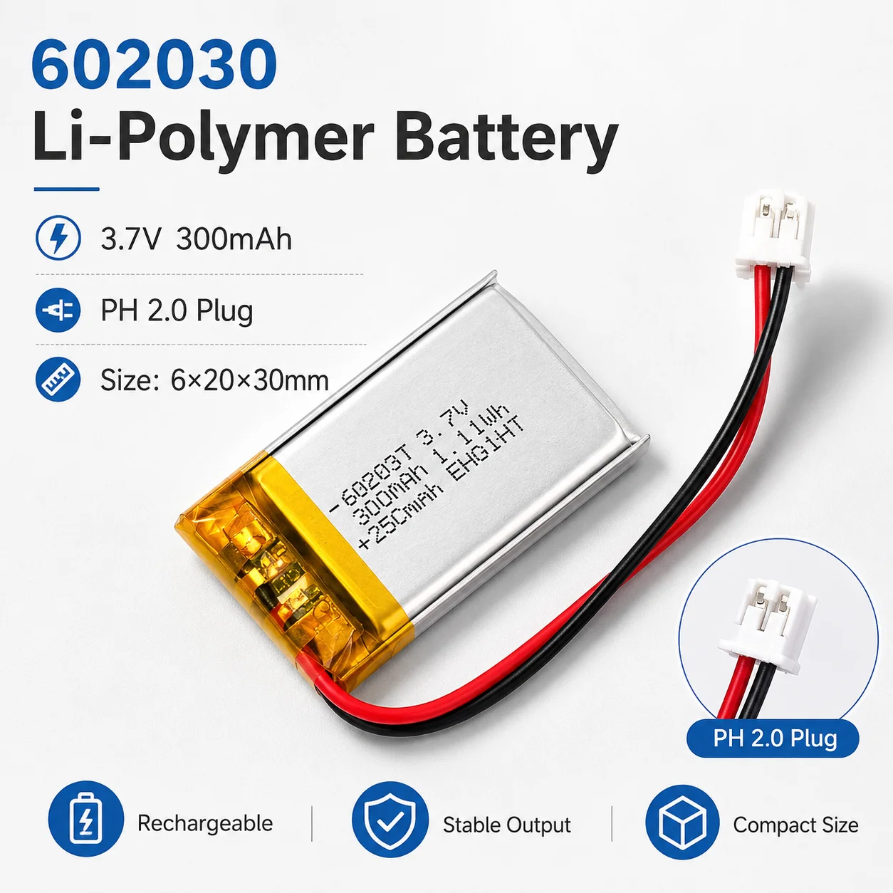 

602030 3.7V 300mAh Rechargeable Lithium Polymer Battery for Bluetooth Speaker GPS Toy LED Light Smart Watch