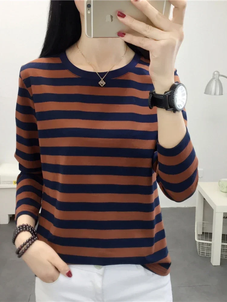 Spring Autumn Women Clothes Loose Stripe Long Sleeve Cotton T-shirt Round Collar Pullover Oversized T-shirts for Women Tops