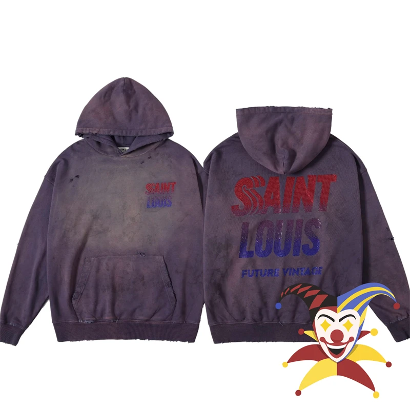 Dicuci Saint SSSAINT LOUIS penuh berlian gradien Logo Hoodie Pria Wanita rusak pullover Hoodie