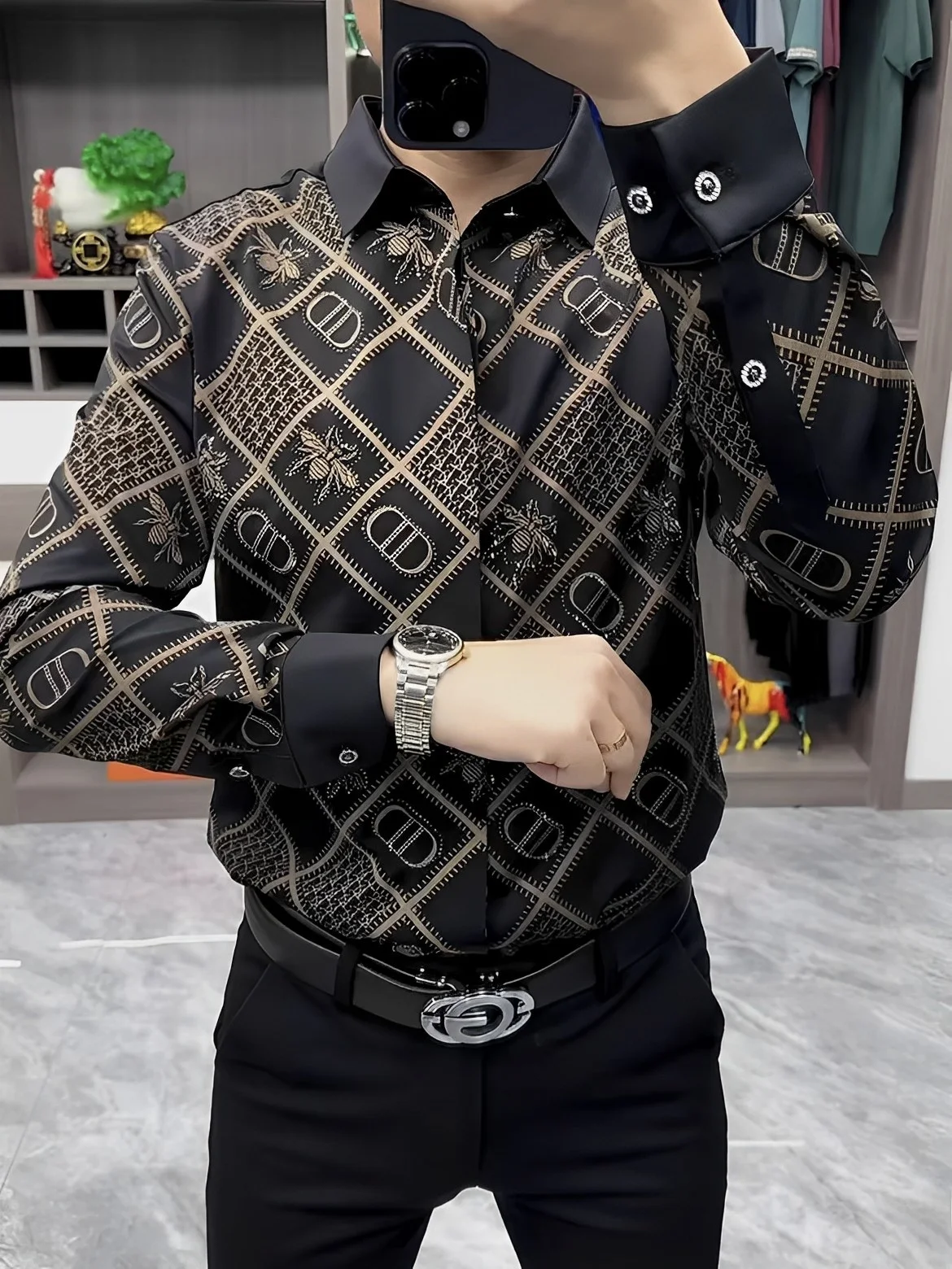 

Faionable Casual Men's irt Autumn New Sle Lightweight Luxury Bee Design Ele Long Sve Slim Fit irt for Men