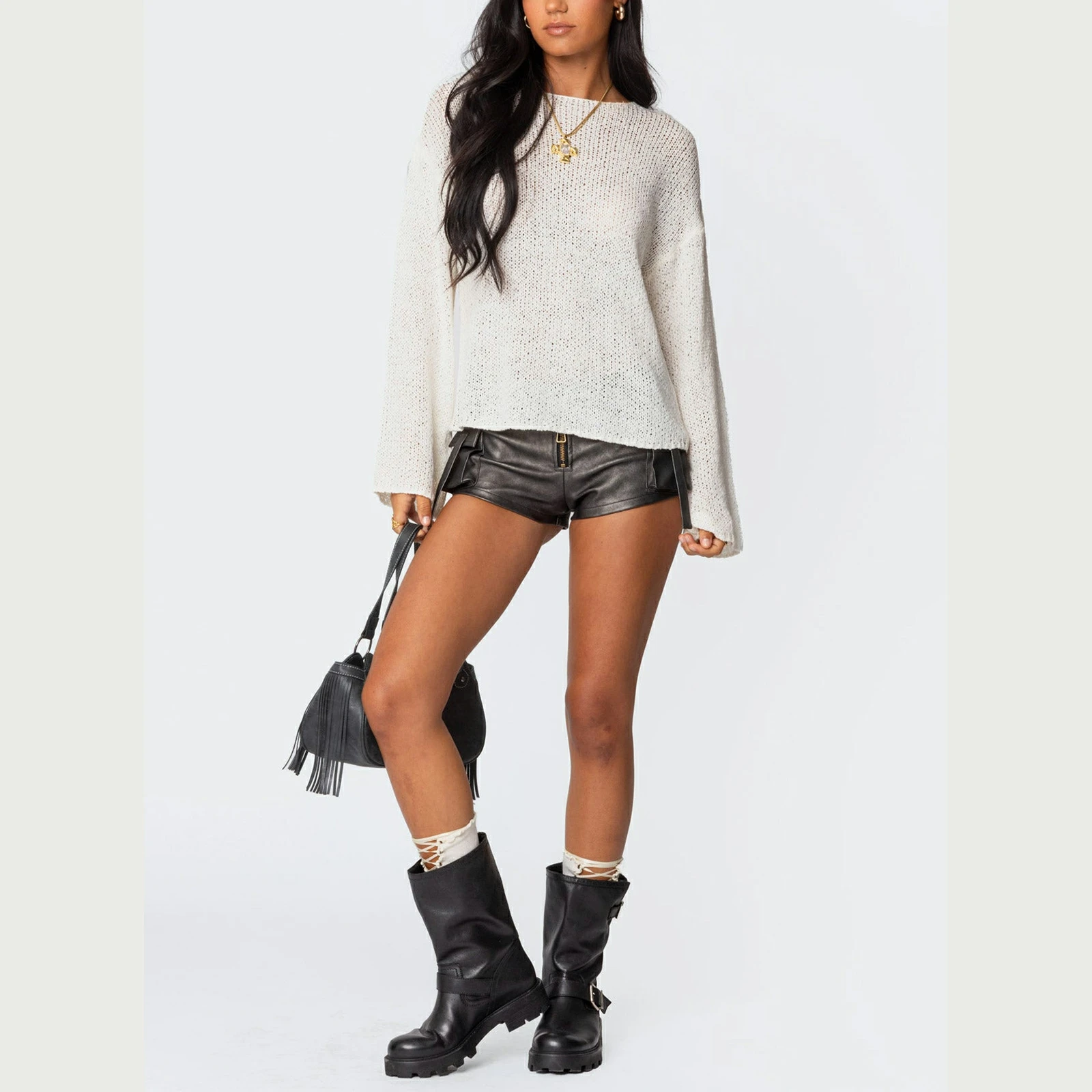 

Women Flare Long Sleeve Y2k Sheer Mesh Knitwear Drop Shoulder Shirts Boat Neck Lightweight Knit Pullover Sweater Tops