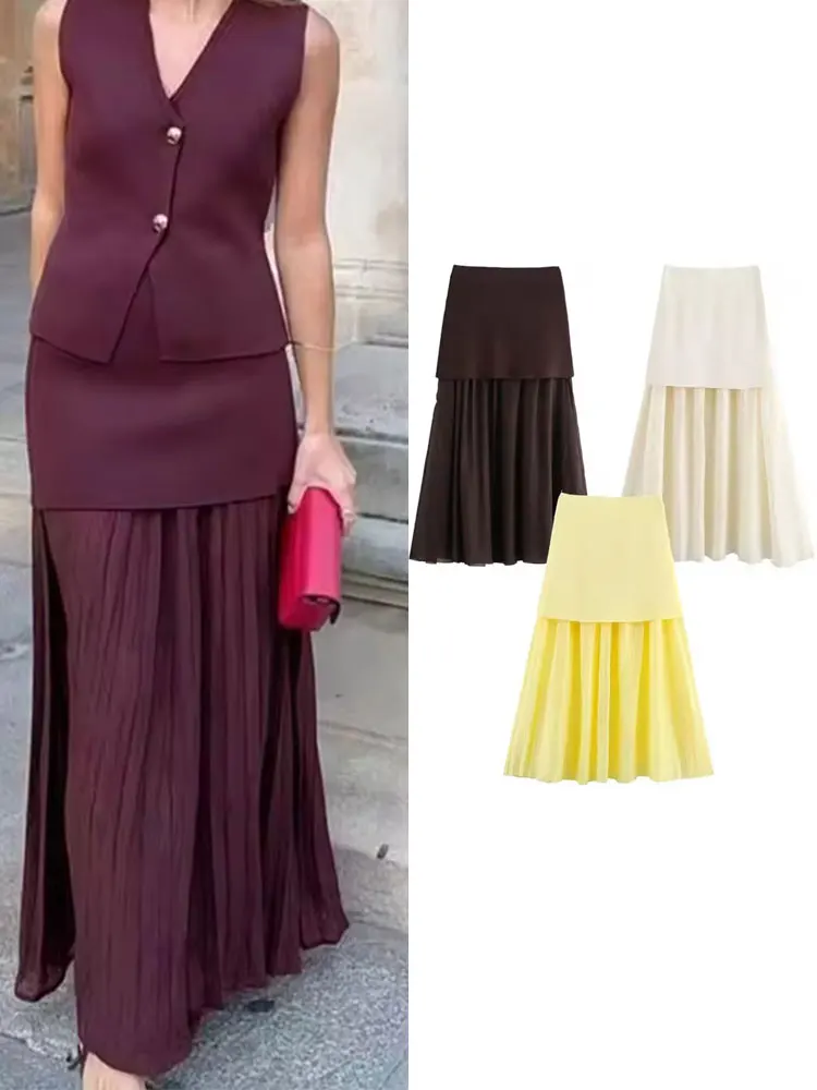 HH Women Elegant Solid Splicing Midi Skirt Casual High Waist Slim Pleated Skirt Women Fashion Vacation Holiday Party Skirts