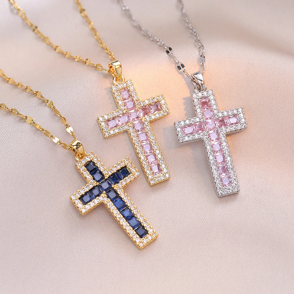 Luxury Female Blue Pink Zircon Stone Cross Pendant Necklace Vintage Gold Color Wedding Jewelry For Women