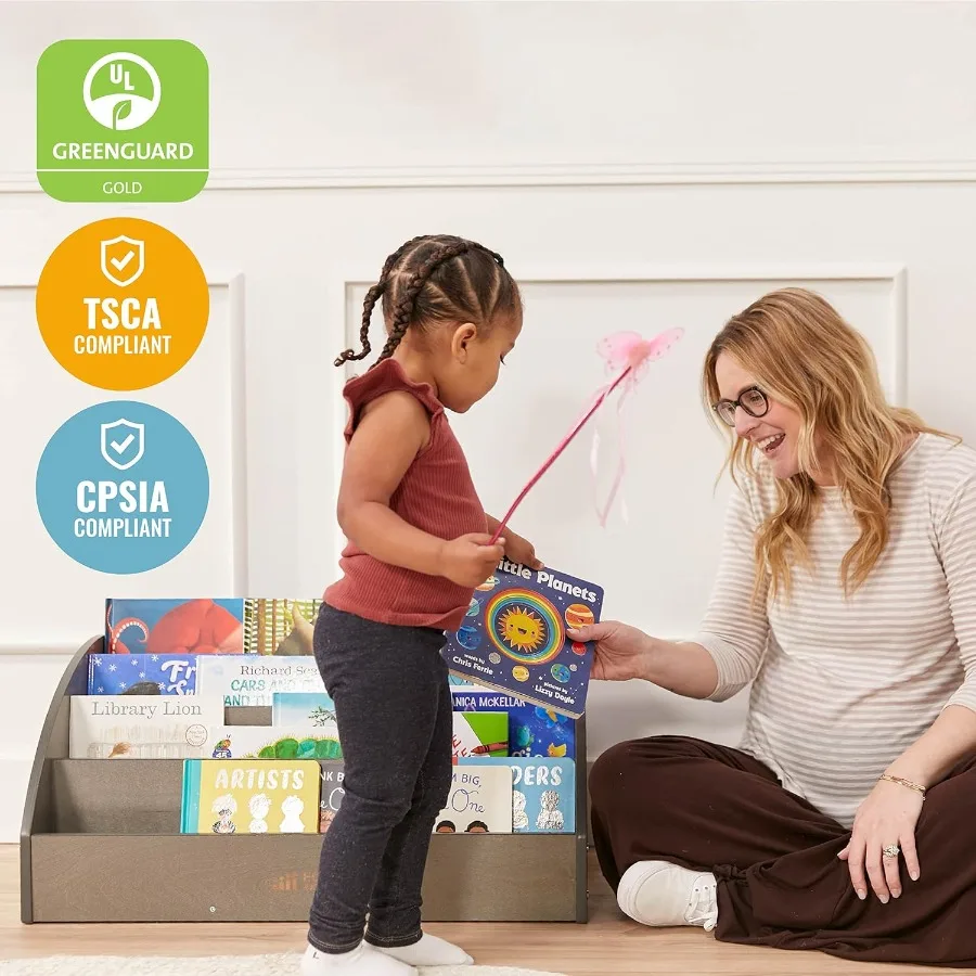 رف كتب للمبتدئين لعرض كتب الأطفال الصغار لرف تخزين بلمسة نهائية رمادية اللون مع تصميم مفتوح لتنظيم كتب القصص القصيرة و