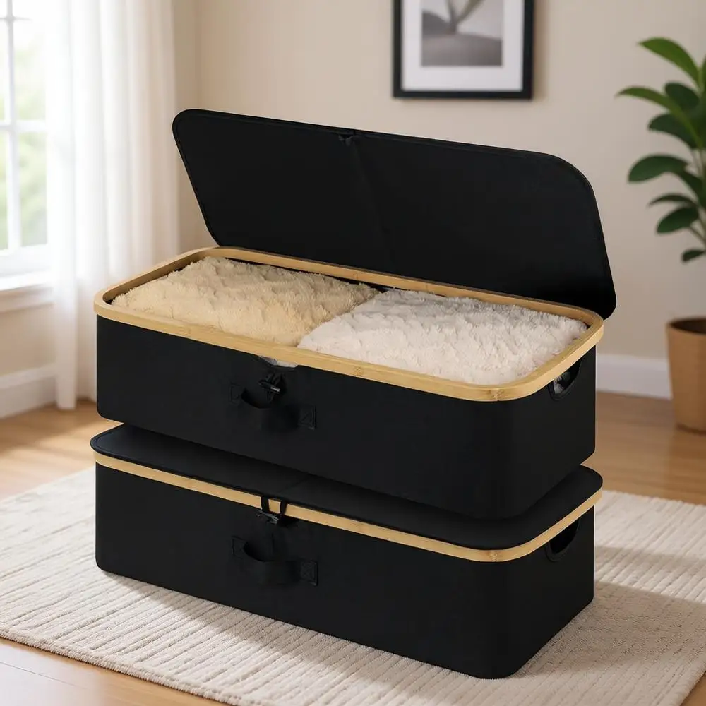 

Набор из 2-х коробок для хранения под кроватью с бамбуковыми крышками, объем 42 л, для одеял, простыней и полотенец, черный цвет