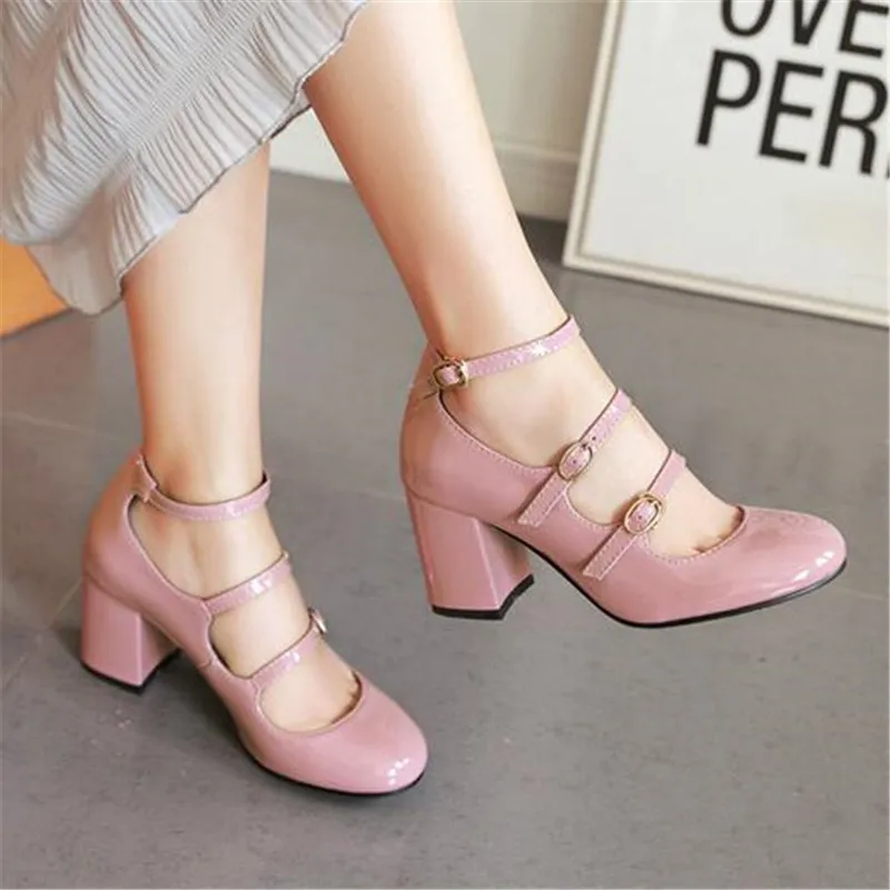 Patent Leather Women Pumps Shoes Lolita Mary Janes Shoes Fashion Vintages Ankle Strap Buckle Women Thick High Heel Shoes 34-43