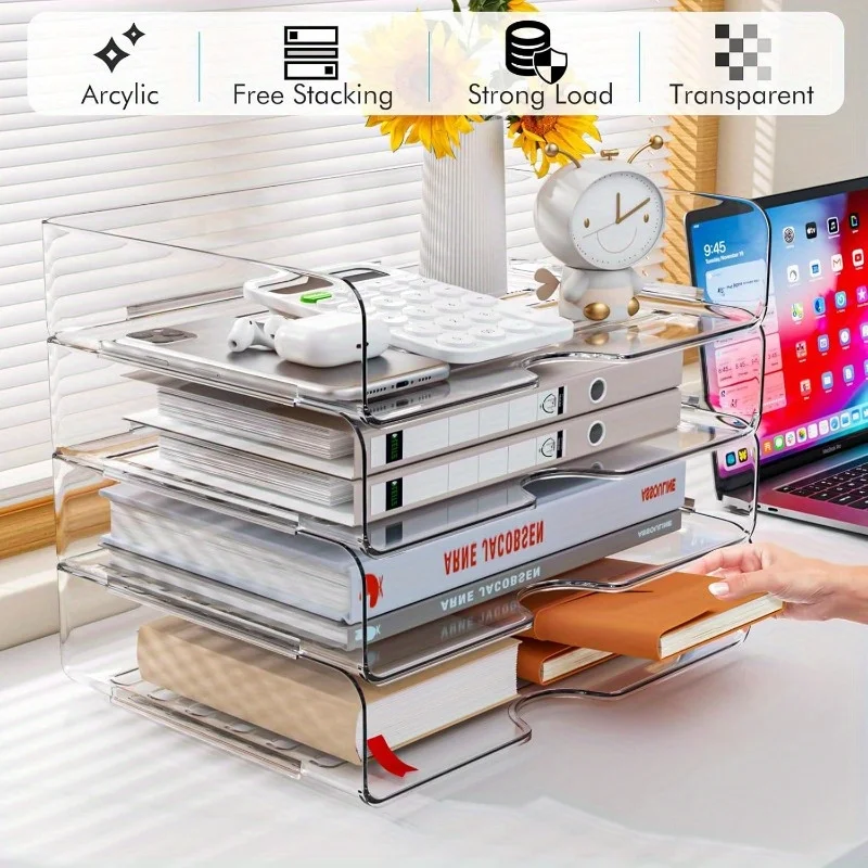 Paper Organizer Letter Tray, 4 Pack Stackable Desk File Organizer, Clear File Organizer for Desk,Office Organizer for File Paper