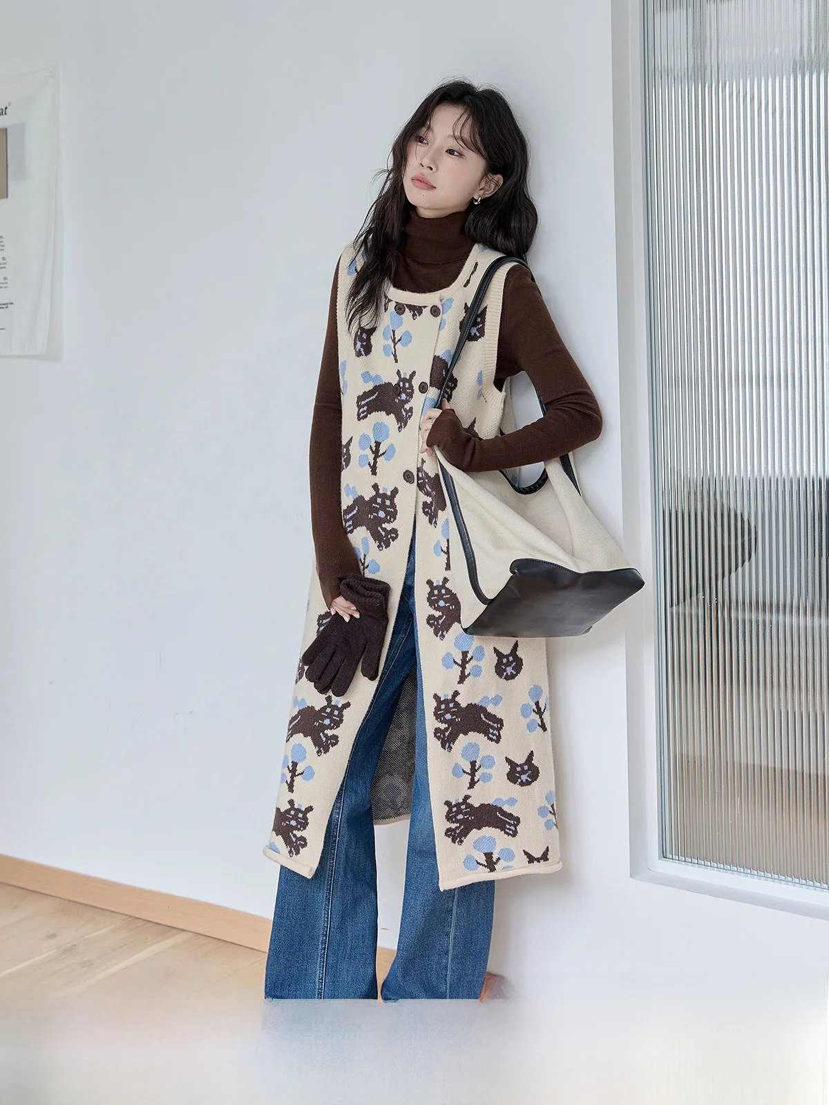 

HuiXi Knitted Open Cardigan Vest Long Dress Women's Winter New Style Inner Sleeveless Layering Dress Korean Version Commute
