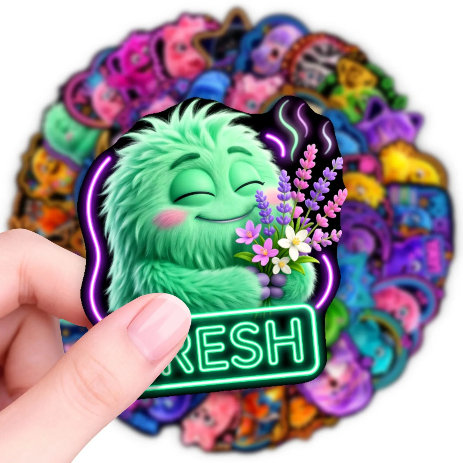 50PCS HD Plush Little Monster Fun Expression Neon Stickers Pack Cute Decorate Student Hand Account Waterproof Non Repeated Decal