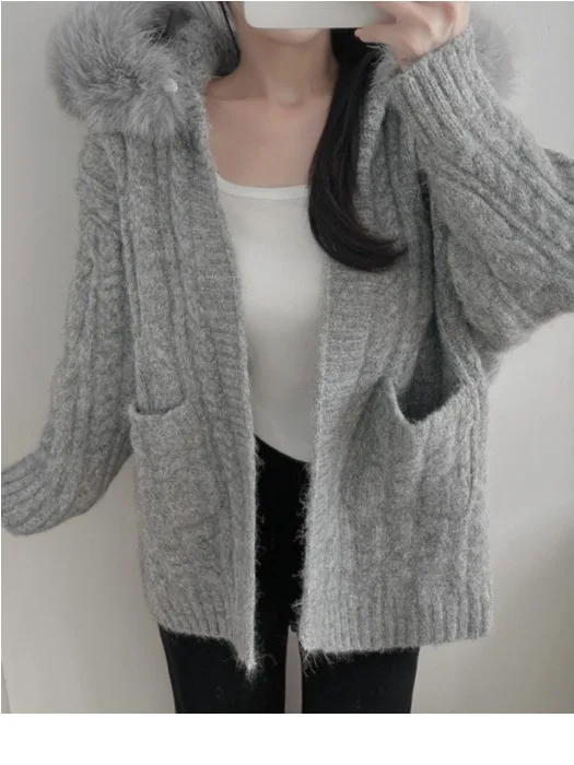 Koreaanse Sle Zacht Open Vest Vrouwen Herfst Winter Nieuwe Grote Bontkraag Lange Sve Gebreide Losse Halflange top