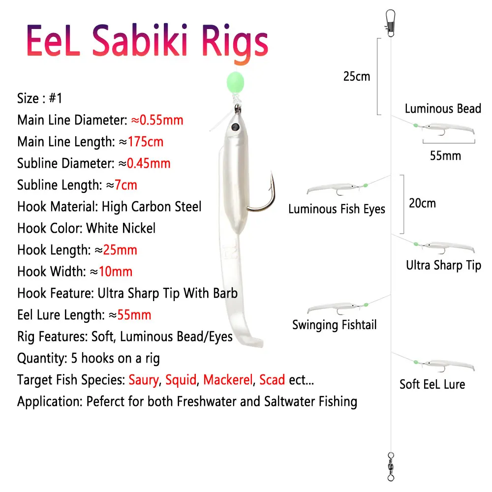 Bimoo 4packs Luminous Soft Eel Sabiki Rigs String Hooks Lure White Fishes Saury Squid Mackerel Scad Saltwater Fishing Tackle