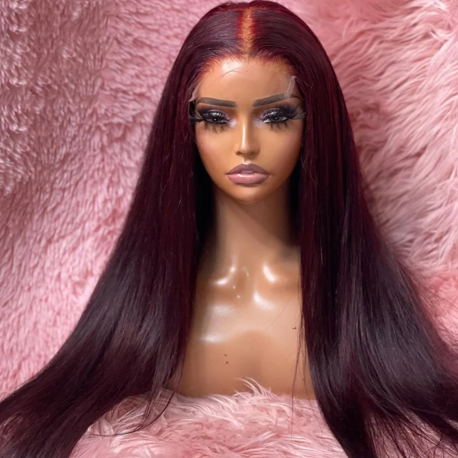 99j Soft 26“ Long 180Density Burgundy Straight Lace Front Wig For Black Women BabyHair Synthetic Heat Resistant Preplucked Daily