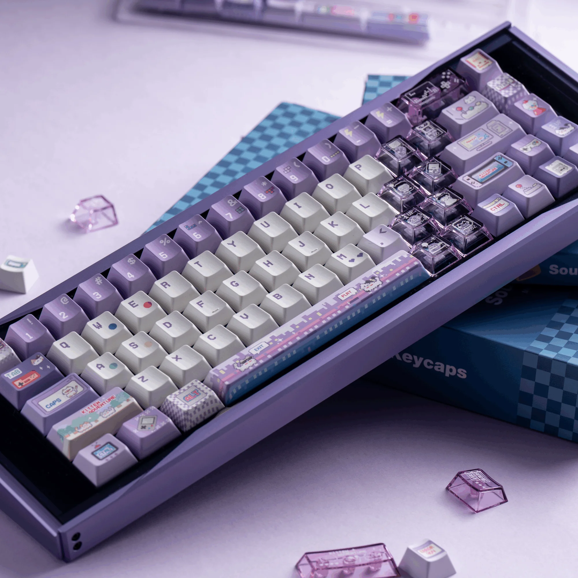 

Колпачки для клавиш для видеоигр Meow Pbt + ПК, прозрачные противотуманные прозрачные колпачки для клавиш, фиолетовые, милые, 167 клавиш, полупрозрачные колпачки для клавиш с макетом Алисы