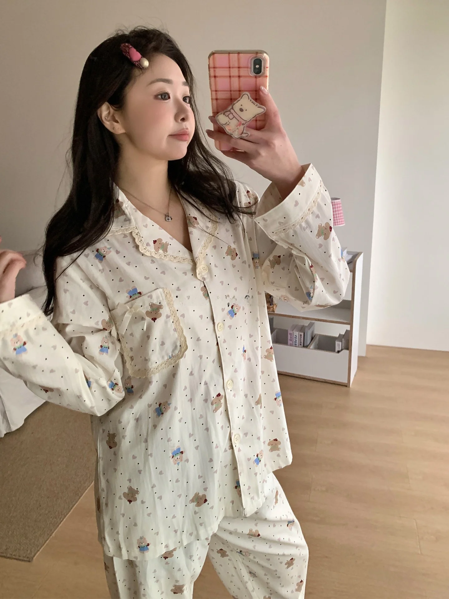 

Женские хлопковые пижамы для весны и осени, свободная домашняя одежда с длинными рукавами, с мультяшным принтом, удобная, мягкая, антибактериальная.