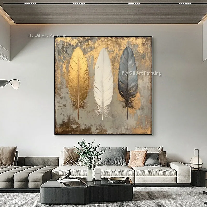 New Design Golden White Grey Abstract Feathers Canvas Thick Artwork Handmade Simple Knife Thick Golden Flowers Oil Painting