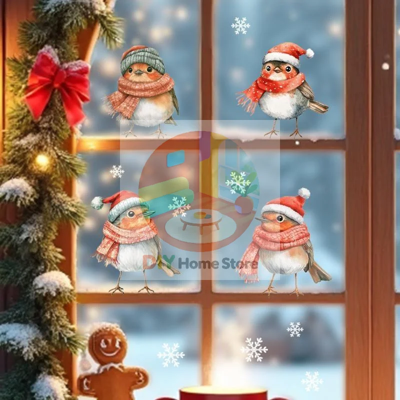Christmas Robin Window Stickers Cute Winter Hat Scarf Snowflake Patterns For Xmas Home Window Decoration