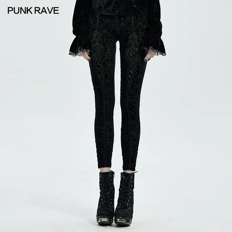 

PUNK RAVE Women's Gothic Palace Retro Burn Out Flower Leggings Daily Wear Adjustable Elastic Band Skinny Delicate Pencil Pants