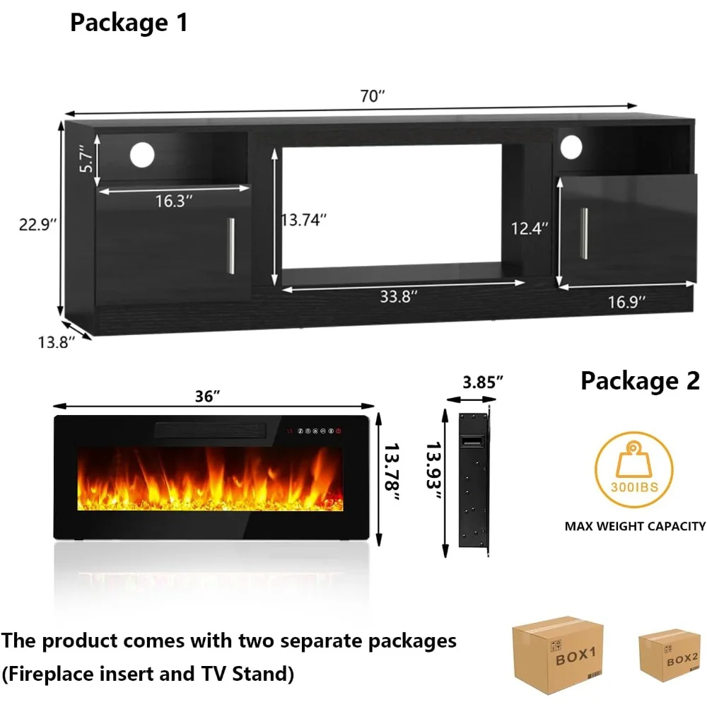 TV Cabinet with 36 Inch Fireplace, Equipped with LED Lights, Suitable for Up To 70 Inches, with High Gloss Storage Cabinet