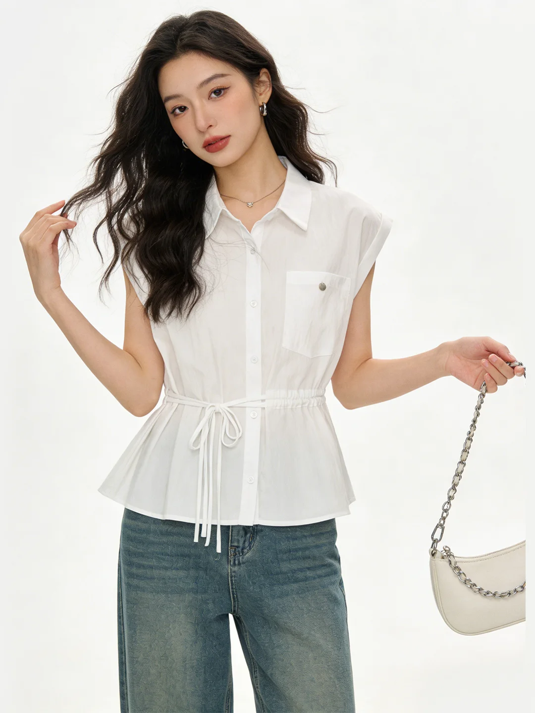 

Casual Commute Sle ort Sve irt Dstring Design Versatile Slimming Vintage irt for Women Breathable Summer irt