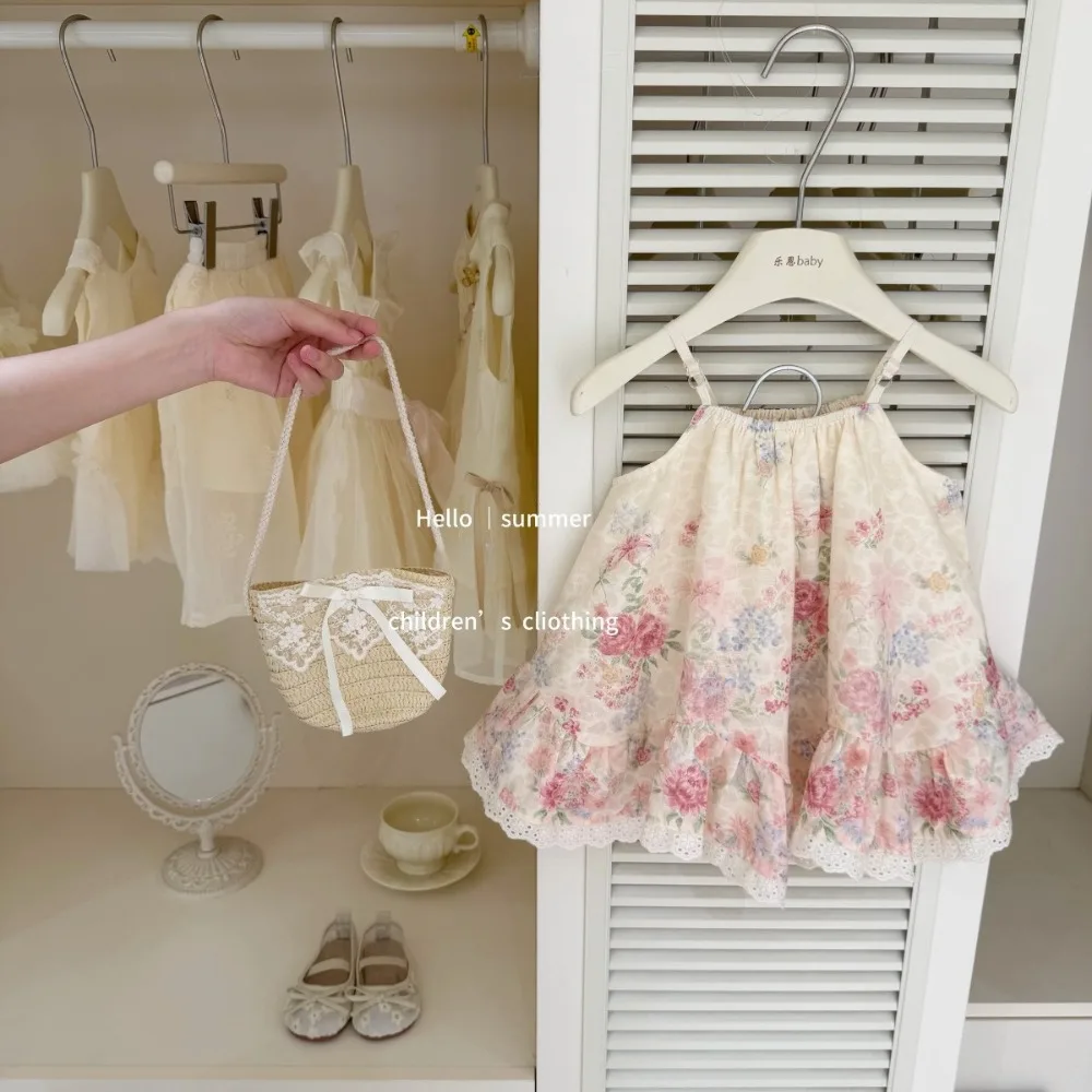

Original Design Girls Floral Dress, Pink Flower Print Cami Dress, Summer Swing Dress for Kids for 73-130cm