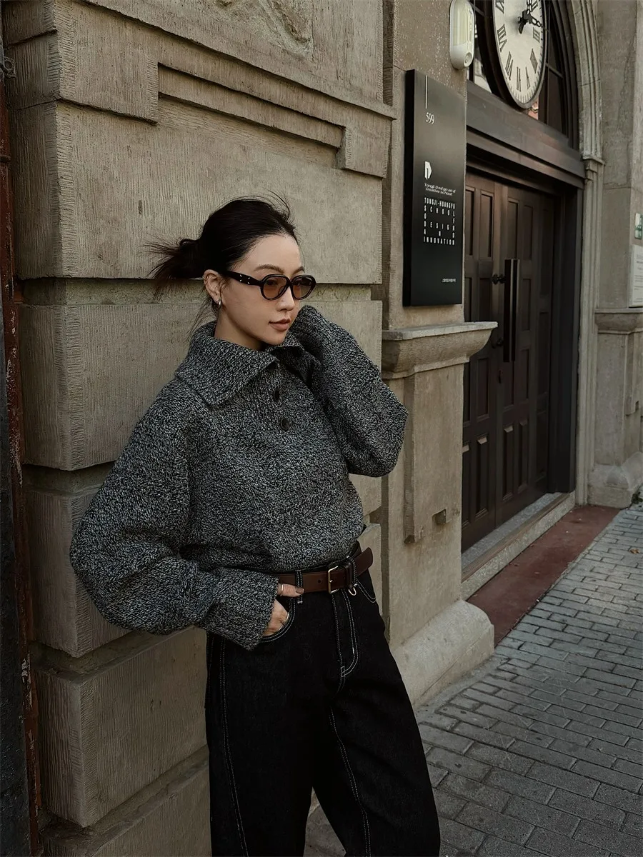 

Свитер Moerop Casual Sle Boyfriend Series с высоким воротом, разноцветный, в стиле Old Money, женский, с длинными рукавами