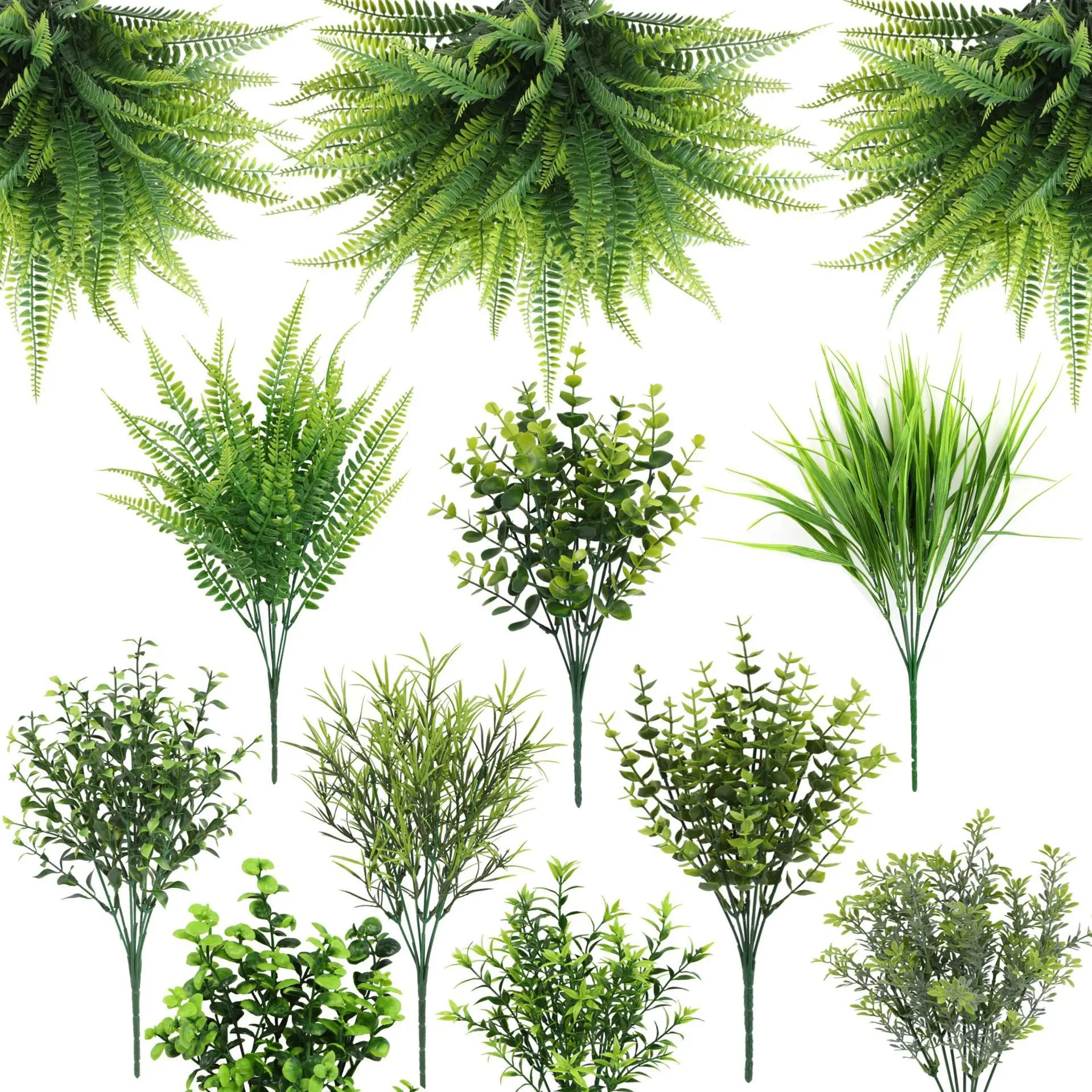 

Artificial green plants, ferns, Persian grass, eucalyptus leaves, plastic fake flowers, flower arrangements, eucalyptus plants