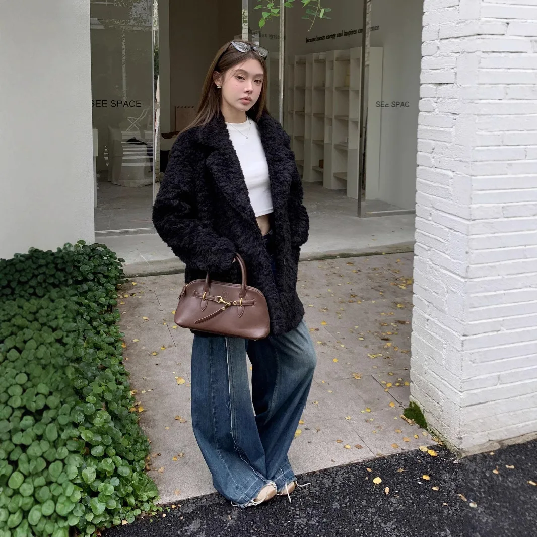 معاطف نسائية من فرو الصوف الصناعي معطف متين وطية صدر السترة وأكمام طويلة وزر واحد مستقيم أنيق غير رسمي لخريف وشتاء 2025