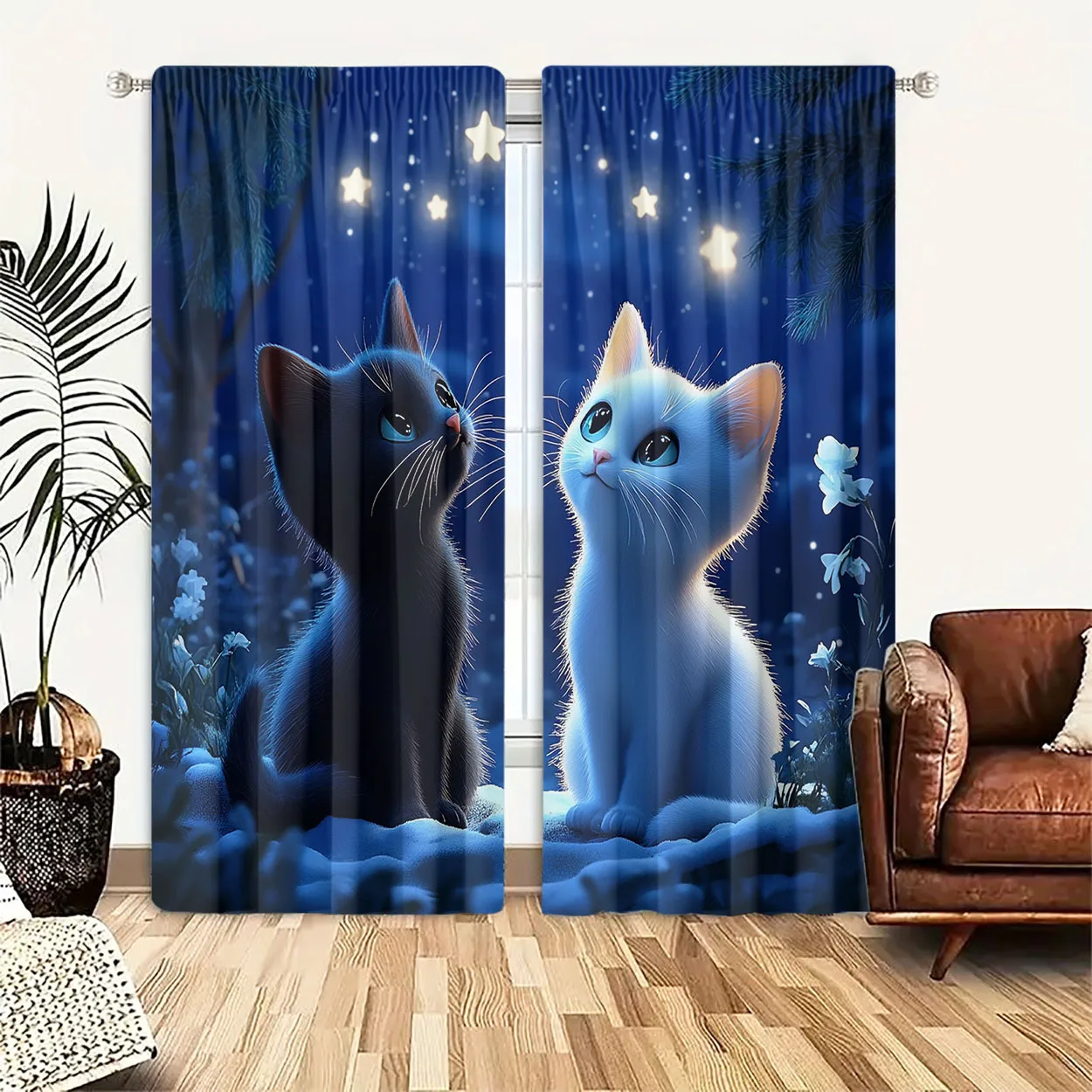 Starry Kitten Rod Pocket Curtain Black White Fluffy Cat Snow Glowing Star Blue Night Floral Print Cute Decor Bedroom Home Window